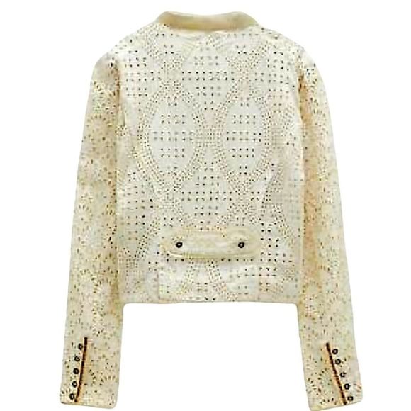 Zara Studio Floral Eyelet Embroidered Velvet Trim Cropped Light Jacket - Picture 2 of 7